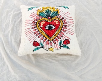 Pink & Ivory Multi color Boho Textured Cotton Throw Pillow Case Crewel Embroidered Evil Eye Handmade Pillow Cover
