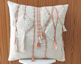 Hand Embroidered Tufted Cotton Pillow Cover: Ivory & Blush Pink Boho Cushion