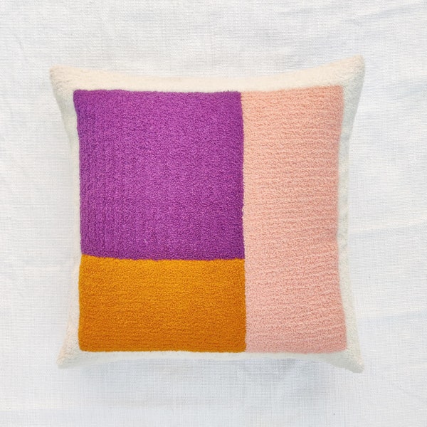 Embroidered Boho Throw Pillow Cover: Purple, Mustard & Ivory Cotton Cushion
