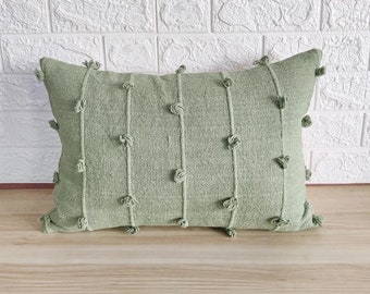 Sage Green Hand Woven Loops Hand Dyed Cotton Fabric Decorative Boho Throw Pillow Cover|| 16x16 Throw