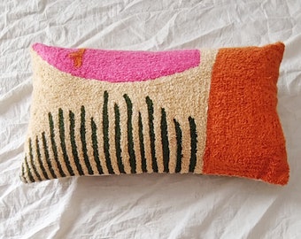 Funda de almohada con textura boho bordada con tripulación rosa, naranja y multicolor