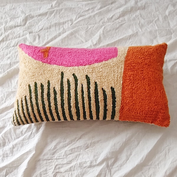 Pink Orange & Multi Color Crewel Embroidered Boho Textured Throw Pillow Case