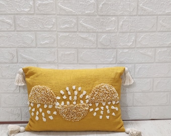 Mustard Yellow & Ivory Cotton Embroidered Tufted Textured Pillow Cover|| Mustard Boho Pillow Cover