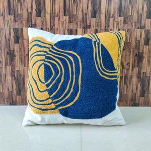 Mustard Yellow & Teal Blue White Cream Ivory Tassel Pillow Boho Embroidered Textured Pillow Cover 45x45 ( 18x18 Inches)