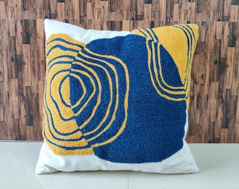 Embroidered Boho Pillow Cover: Mustard Yellow & Teal Blue, 18x18 Inches