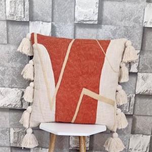 Coral Pink & Ivory Boho Textured Cotton Überwurf Kissenbezug Crewel bestickt 18x18, 20x20 Kissenhülle Deko Handmade Kissenbezug