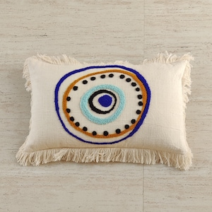 Embroidered Evil Eye Lumbar Pillow Cover: Boho Cotton Fringe (12x20 inches)