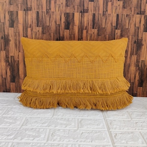 Mustard Yellow Textured Fringe 14x20 Inches Cotton Pillow Cover