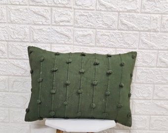 Hand Woven Olive Green Throw Pillow Cover: Boho Cotton Loops