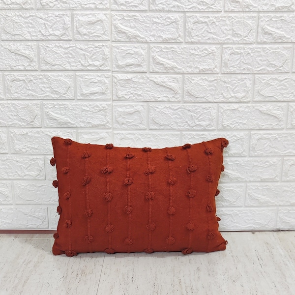 Hand Dyed Cotton Throw Pillow Cover: Rust Orange Boho Cushion (12 x 20 inches)
