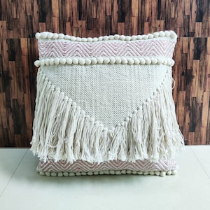 Boho Fringe Pillow Cover: Hand-loomed Woven Blush Pink Throw Pillow (18x18 Inches)