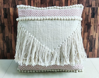 Boho Fringe Pillow Cover: Hand-loomed Woven Blush Pink Throw Pillow (18x18 Inches)