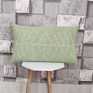 Hand Stitched Kantha Pillow Cover: Green Raw Cotton Boho Cushion