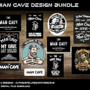 Man Cave design bundle digital download containing Ai, Eps, Svg, Png, Jpeg, Dwg, and Dxf files