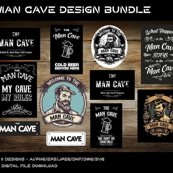 Man Cave design bundle digital download containing Ai, Eps, Svg, Png, Jpeg, Dwg, and Dxf files