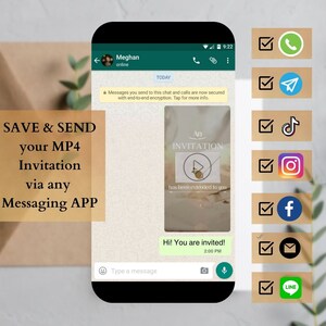 May include: A screenshot of a mobile phone displaying a chat conversation. The chat is about an invitation. The text reads "An Invitation has been extended to you." and "Hi! You are invited!" The image also shows a list of messaging apps with checkmarks next to them, including WhatsApp, Telegram, TikTok, Instagram, Facebook, Email, and LINE.