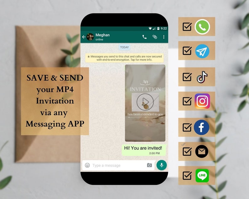 May include: A screenshot of a mobile phone displaying a chat conversation. The chat is about an invitation. The text reads "An Invitation has been extended to you." and "Hi! You are invited!" The image also shows a list of messaging apps with checkmarks next to them, including WhatsApp, Telegram, TikTok, Instagram, Facebook, Email, and LINE.