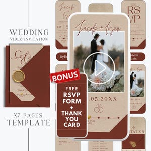 Plantilla de video de invitación de boda digital burdeos con sobre, plantilla de conjunto de invitación de boda roja, plantilla de invitación de video de confirmación de asistencia de boda, MW8