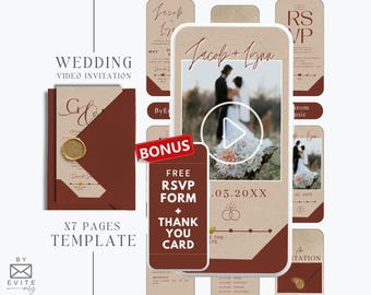 May include: A wedding video invitation template with a rustic brown and red color scheme. The template includes a video player, a photo of a couple, and the text "Jacob + Lyan" and ".05.20XX". The template also includes a free RSVP form and thank you card.