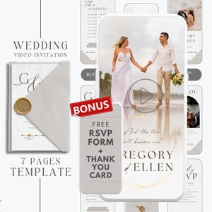 digitale Moderne Hochzeitseinladung Vorlage mit Umschlag, animierte graue Hochzeitseinladung, Foto Hochzeit Video Einladung MW12