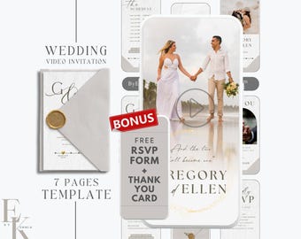 digital Modern Wedding Invitation template with envelope, animated grey wedding invitation suite, photo Wedding video invitation MW12