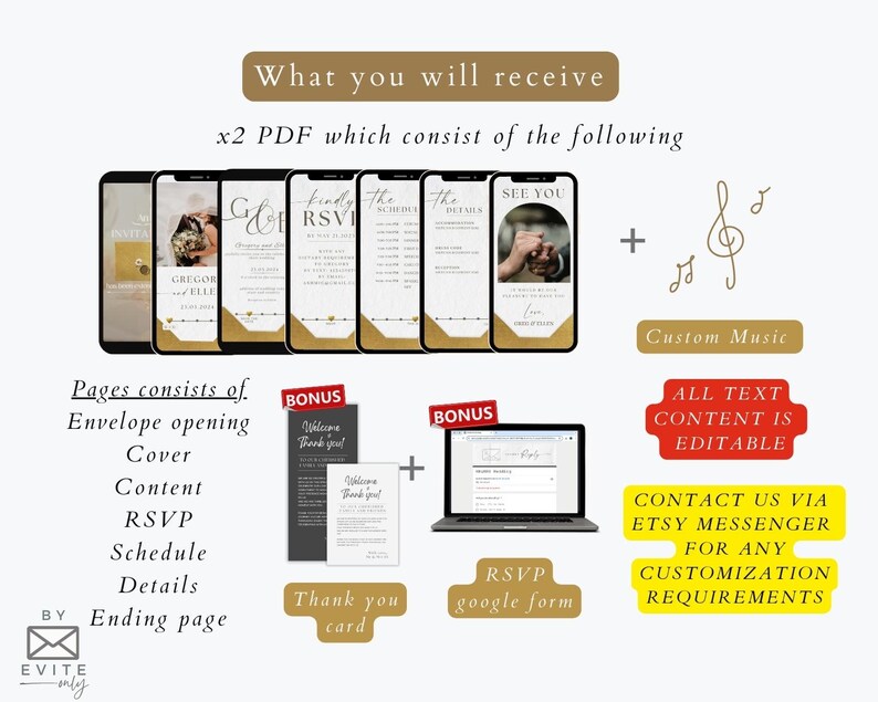 May include: A digital wedding invitation suite in gold and white. The invitation includes an envelope opening, cover, content, RSVP, schedule, details, and ending page. The suite also includes a thank you card and a Google form for RSVPs. The text is editable and the invitation comes with custom music.