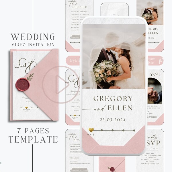 digital pink wedding invitation video template with envelope and photo, animated wedding suite invitation template, pink wedding evite MW1