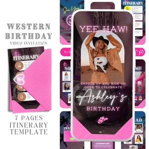 adult western birthday weekend invitation template with itinerary and photo, editable pink country cowgirl birthday invitation template, WB1