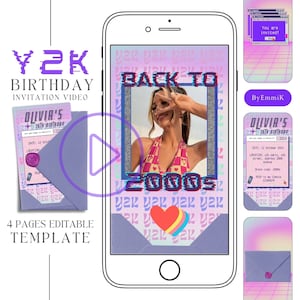 Y2K birthday party invitation video, animated 2000s party invite, teens birthday invitation template, digital teenager 00s party evite
