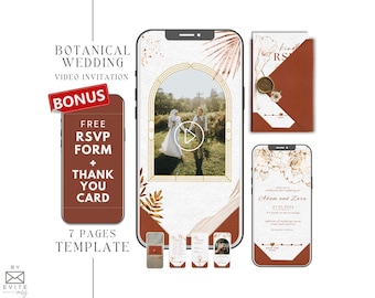 May include: A 7-page wedding invitation template with a botanical theme. The template includes a video invitation, RSVP form, and thank you card. The design features a floral illustration with a gold frame and a brown background.
