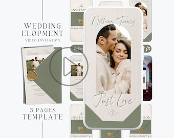 editable olive eloped wedding template video invitation, animated elopement announcement template, digital wedding reception invitation