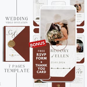 burgunderrote Hochzeitseinladung Video Vorlage, rotes Hochzeitseinladungsvideo, animierte digitale Hochzeitseinladung und rsvp Vorlage MW1