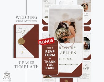 May include: A 7-page wedding video invitation template with a burgundy and white color scheme. The template includes a video invitation, RSVP form, and thank you card. The text on the template reads "Wedding Video Invitation", "7 Pages Template", "Bonus", "Free RSVP Form", "Thank You Card", "Gregory & Ellen", "23.03.2024", and "By Evite Only".