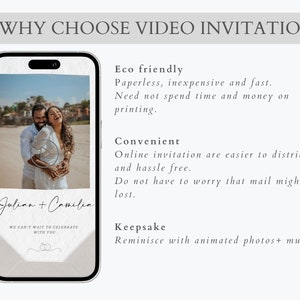 May include: A digital video invitation with a photo of a couple on a beach. The text on the invitation says "Julian + Camilia" and "We can't wait to celebrate with you". The text below the image explains the benefits of using a video invitation, such as being eco-friendly, convenient, and a keepsake.