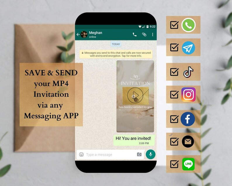 May include: A screenshot of a mobile phone displaying a chat conversation. The chat is titled "Meghan" and includes a message that says "Hi! You are invited!" The message is followed by a video invitation with the text "An Invitation has been extended to you". The image also shows a list of messaging apps with checkmarks next to them, including WhatsApp, Telegram, TikTok, Instagram, Facebook, Email, and LINE.