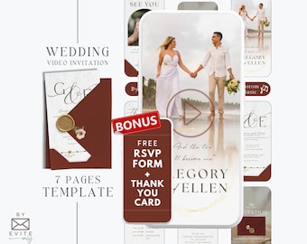 Red burgundy Wedding Invitation template, digital Wedding video invite, animated wedding invitation, customisable wedding invite, MW12