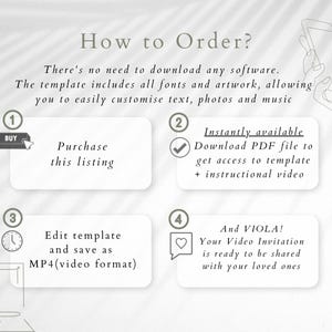 May include: A four-step guide on how to order a video invitation template. The steps are: 1. Purchase this listing, 2. Download PDF file to get access to template + instructional video, 3. Edit template and save as MP4 (video format), 4. And VIOLA! Your Video Invitation is ready to be shared with your loved ones.