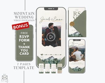 Digital Mountain Wedding Invitation template video, editable forest wedding video invitation template, animated mountain wedding invitation