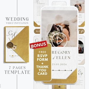 May include: A wedding video invitation template featuring a gold and white colour scheme. The template includes a video player with a play button, a wedding invitation card, a thank you card, and an RSVP form. The text on the video player reads "Gregory & Ellen 23.03.2024".