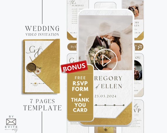 Digital wedding invitation video with rsvp template and envelope, animate wedding invitation suite template set, gold wedding invite, MW1
