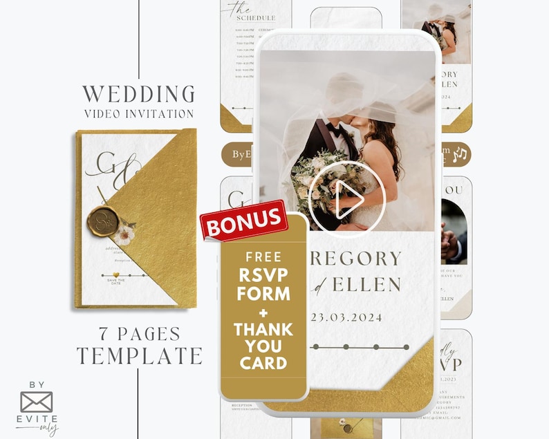 May include: A wedding video invitation template featuring a gold and white colour scheme. The template includes a video player with a play button, a wedding invitation card, a thank you card, and an RSVP form. The text on the video player reads "Gregory & Ellen 23.03.2024".