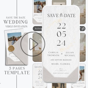 Può includere: Un modello di video di invito di nozze "Save the Date" con sfondo bianco e accenti dorati. Il testo recita "Save the Date Wedding Video Invitation" e "3 Pages Template". La data è 22 05 24 e i nomi sono Camila Thomson e Julian Michael. La località è Miami, Florida.