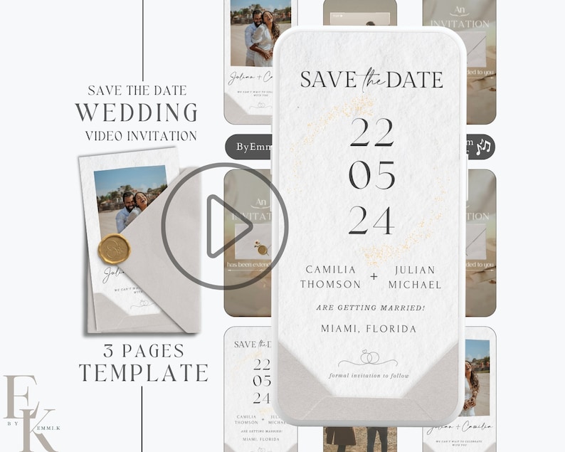 May include: A save the date wedding invitation video template with a white background and gold accents. The text reads "Save the Date Wedding Video Invitation" and "3 Pages Template". The date is 22 05 24 and the names are Camila Thomson and Julian Michael. The location is Miami, Florida.