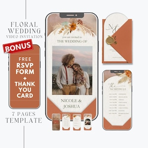 Op de afbeelding: Een digitale trouwuitnodigingssjabloon met een bloemendesign. De uitnodiging bevat een foto van een stel en de tekst "NICOLE & JOSHUA". Inclusief een gratis RSVP-formulier en bedankkaart. De sjabloon heeft 7 pagina's.