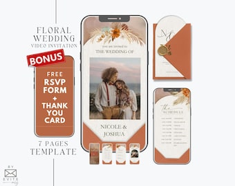 May include: A digital wedding invitation template with a floral design. The invitation includes a photo of a couple and the text "NICOLE & JOSHUA". Additional features include a free RSVP form and thank you card. The template has 7 pages.