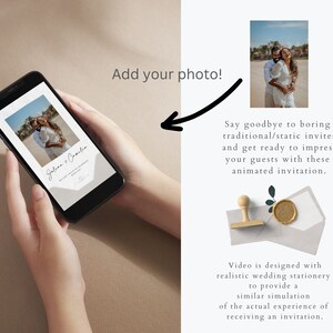 May include: A mobile phone screen displaying a wedding invitation with a photo of a couple. The invitation is animated and features a white background with black text. The text reads "Jolian + Comika".