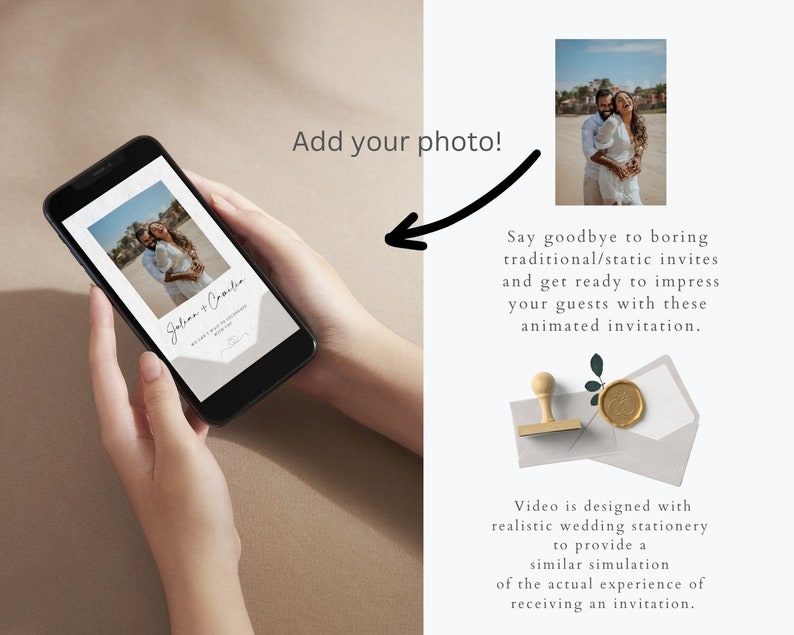 May include: A mobile phone screen displaying a wedding invitation with a photo of a couple. The invitation is animated and features a white background with black text. The text reads "Jolian + Comika".