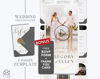 digital Modern Wedding Invitation template with envelope, photo Wedding video invitation, animated black wedding invitation suite, MW12