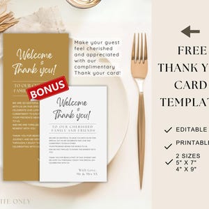 May include: A free printable thank you card template with a gold and white colour scheme. The template features the text "Welcome & Thank You!" and "To Our Cherished Family and Friends". The template is available in two sizes: 5" x 7" and 4" x 9".