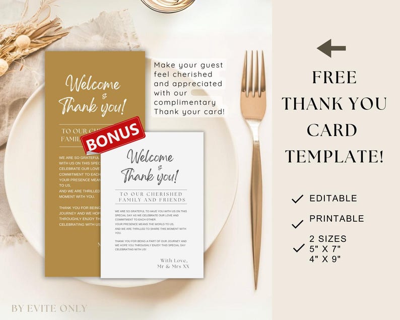 May include: A free printable thank you card template with a gold and white colour scheme. The template features the text "Welcome & Thank You!" and "To Our Cherished Family and Friends". The template is available in two sizes: 5" x 7" and 4" x 9".